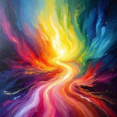 The primary subject of the image is a vibrant, colorful painting featuring a rainbow-colored path. The setting is a canvas, and the visual style is a painting, which creates a lively and energetic atmosphere. The dominant colors in the painting are red, orange, yellow, and blue, which together create a sense of warmth and excitement.